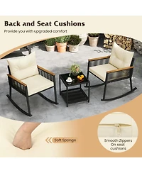 Gouun 3-Piece Pe Rattan Rocking Chair Set with Acacia Wood Armrests and 2-Tier Table
