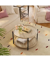 gaomon 29.3" 2-Tier Round Boho Wood Coffee Table with Metal Legs
