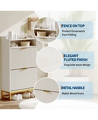 Homfan Fluted Shoe Cabinet with 2 Flip Drawers, Open Shelf and Metal Legs, Slim Entryway Storage for Hallway and Foyer