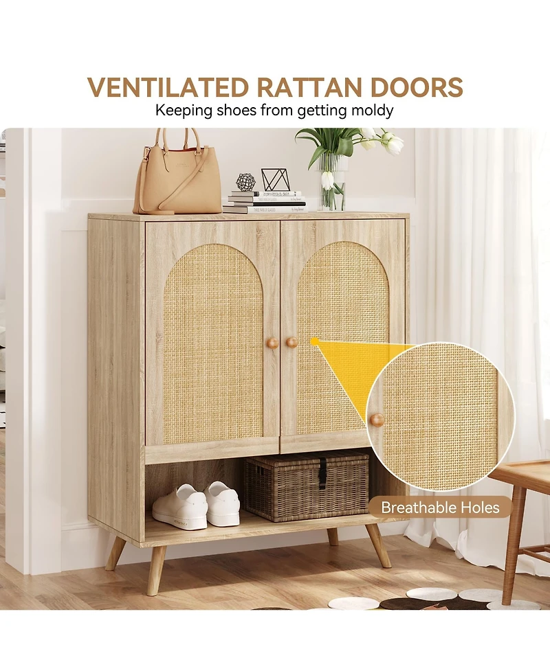 Homfan 2 Piece Rattan Shoe Cabinet Set with Doors, 4 Tier Entryway Storage with Adjustable Shelves