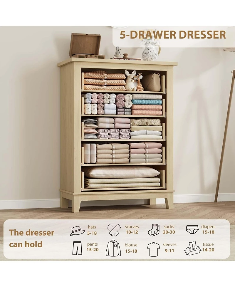 gaomon 5 Dresser for Bedroom, 41.3 in Tall Vertical Drawer Dresser with Large Storage, Freestanding Wooden Closet Chest for Bedroom, Living Room