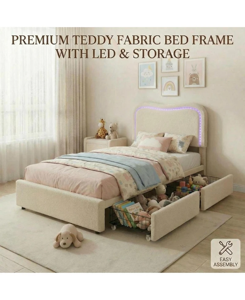 gaomon Twin Boucle Bed Frame with 2 Storage Drawers and Led Headboard, Upholstered Platform for Kids
