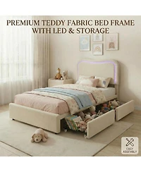 gaomon Twin Boucle Bed Frame with 2 Storage Drawers and Led Headboard, Upholstered Platform for Kids