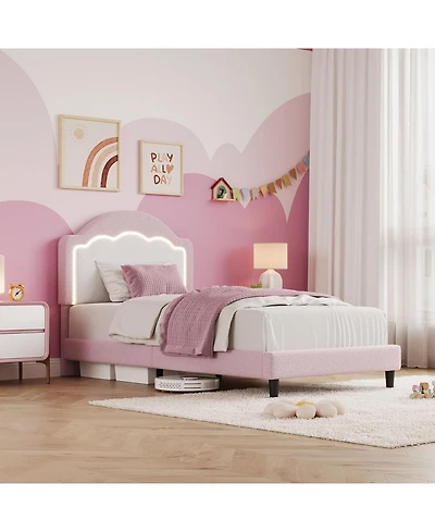 gaomon Upholstered Bed Frame with Led Lights and Adjustable Headboard, Sherpa Fabric Platform