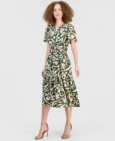 Robbie Bee Women's Elastic-Waist Tiered Midi Dress