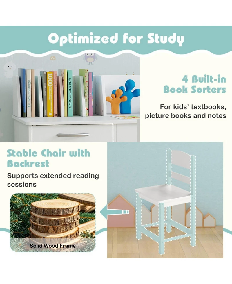 Gouun Wooden Kids Study Desk and Chair Set with Book Sorters and Cabinets