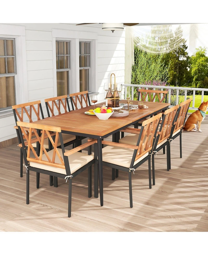 Gouun 9-Piece Outdoor Dining Set with 79 in Slatted Acacia Wood Table and 8 Armchairs with Cushions