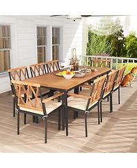 Gouun 9-Piece Outdoor Dining Set with 79 in Slatted Acacia Wood Table and 8 Armchairs with Cushions
