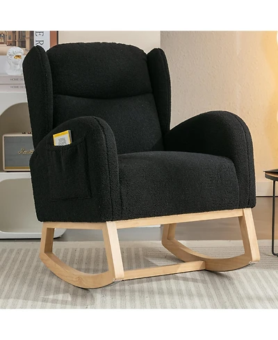 Flynama 1 Pc Teddy Fabric & Wooden Frame Built in Pocket Ergonomic Backrest Rocking Chair