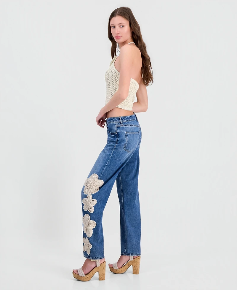 Guess Women's Gaia High Rise Floral Crochet Straight-Leg Jeans