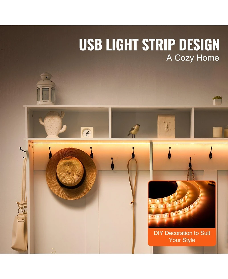Gouun Led Hall Tree Entryway Bench with Shoe Storage, 12 Hooks, 59 in Wide, Adjustable Shelves