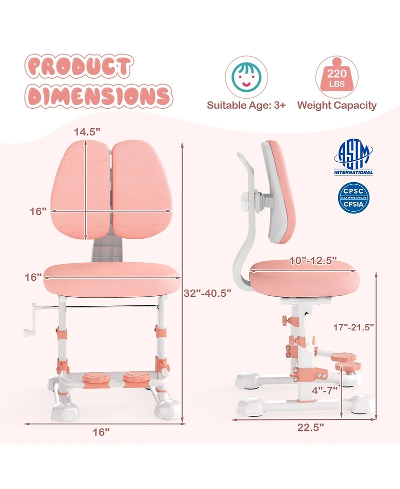 Gouun Kids Study Chair with Double Backrest, Adjustable Height and Footrest