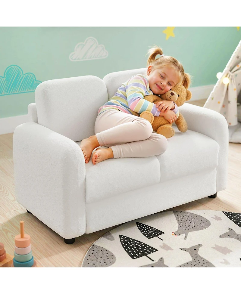 Gouun 2-Seat Kids Sofa with Teddy Fleece Upholstery and Solid Wood Frame
