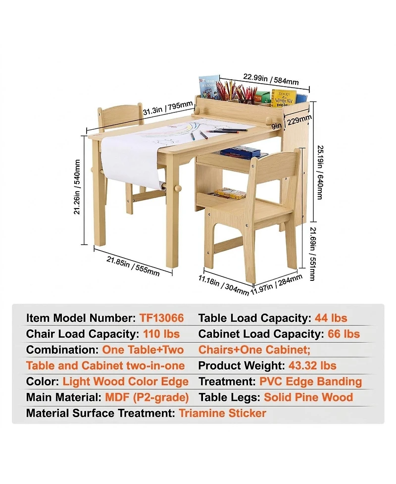 Sugift Kids Art Table and 2 Chairs, 2-in-1 Toddler Craft and Play Activity Table, Wood Set