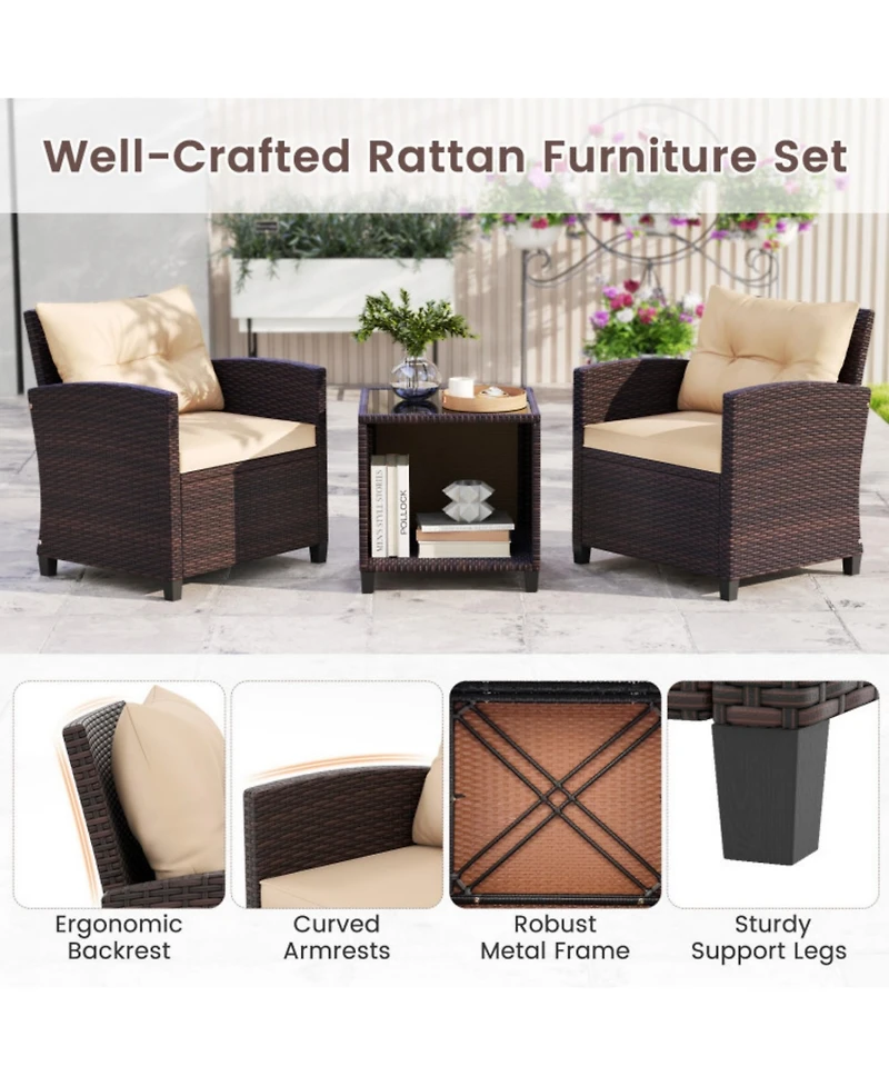 Clihome 4 Piece Patio Wicker Sofa Set 2 Rattan Chairs and Loveseat with Table