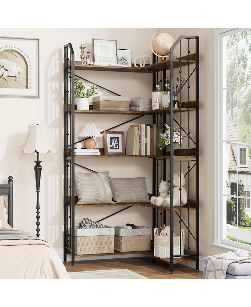 gaomon Industrial L-Shaped Corner Bookshelf, 5-Tier Bookcase Storage Display Shelf