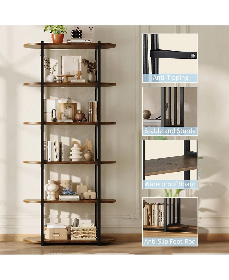 gaomon 6-Tier Industrial Wooden Bookshelf, Metal Frame Freestanding Large Open Bookcase