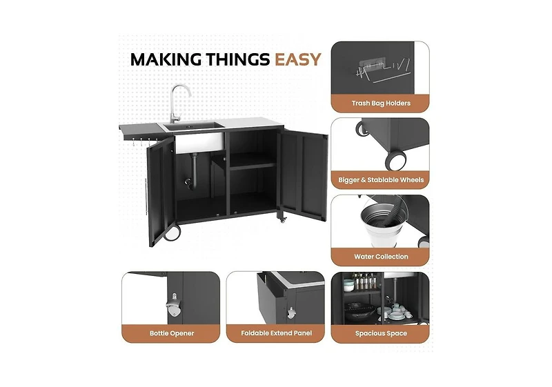 Aecojoy Outdoor Kitchen Sink with Hose Hook up, Stainless Steel Grill Prep Table Kitchen Cabinets Island