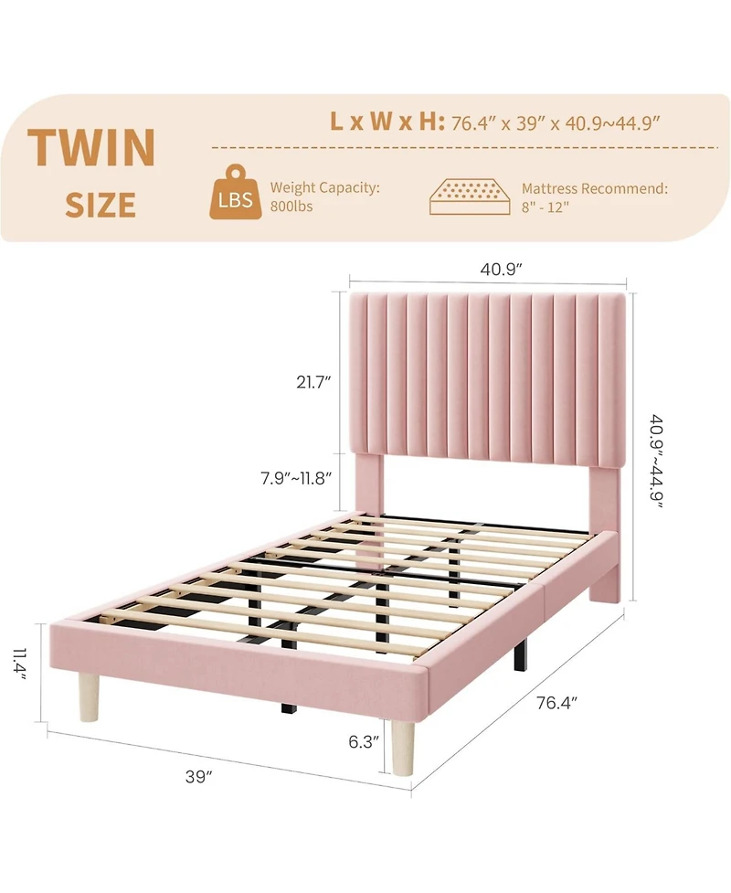 gaomon Twin Velvet Upholstered Bed Frame with Vertical Channel Tufted Adjustable Headboard