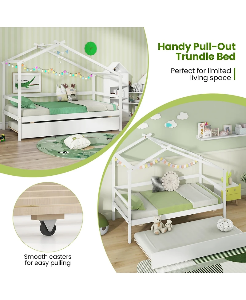 Gymax Twin House Bed w/ Trundle w/ Roof and Fence Rails Wooden Platform Bed Frame