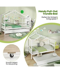 Gymax Twin House Bed w/ Trundle w/ Roof and Fence Rails Wooden Platform Bed Frame