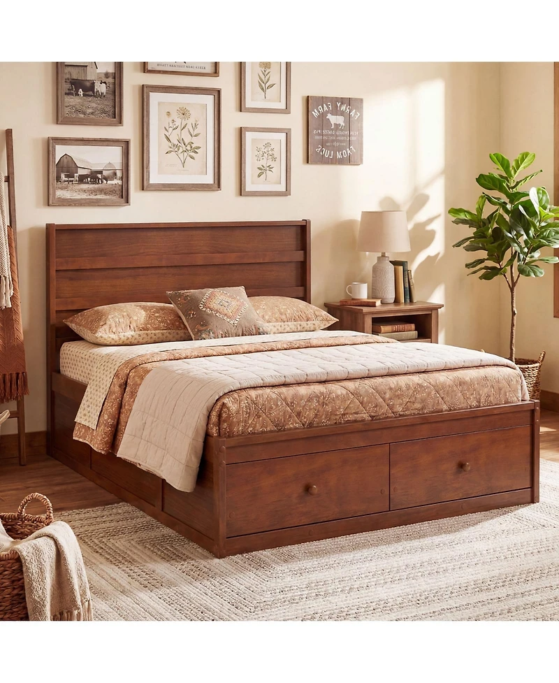Gymax Full Bed Frame w/Storage Drawers Headboard Wooden Slat Support