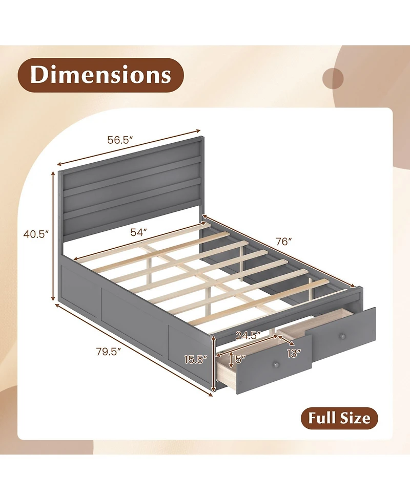 Gymax Full Bed Frame w/Storage Drawers Headboard Wooden Slat Support