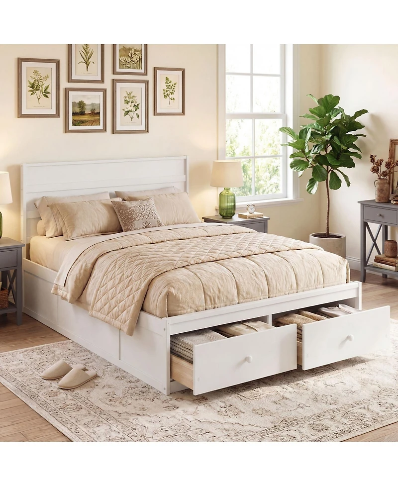 Gymax Full Bed Frame w/Storage Drawers Headboard Wooden Slat Support