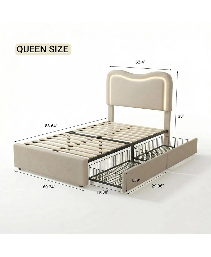 gaomon Queen Boucle Bed Frame with 2 Storage Drawers, Led Upholstered Headboard Platform