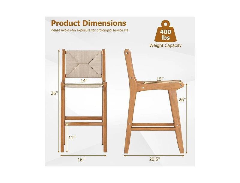 Slickblue Patio Counter Height Bar Stool with Paper Rope Seat and Teak Frame