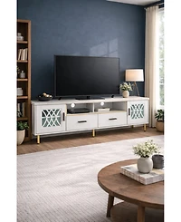 Gouun Faux Marble Top 71-Inch Tv Stand with Glass Doors and Gold Legs