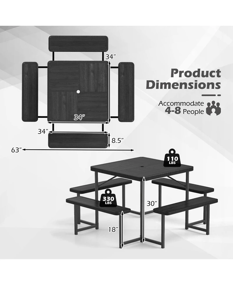 Gouun Square Outdoor Picnic Table Bench Set for 4-8 People with Hdpe Top and Umbrella Hole