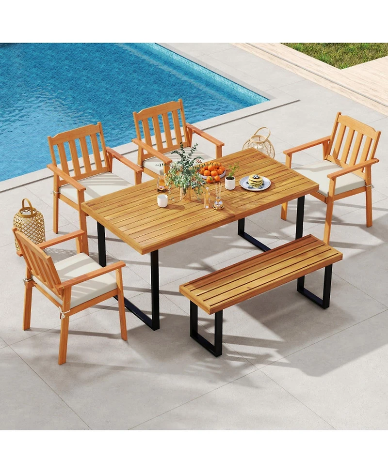 Gouun 6-Piece Patio Dining Set with 63 in Acacia Wood Table, 4 Armchairs and Backless Bench