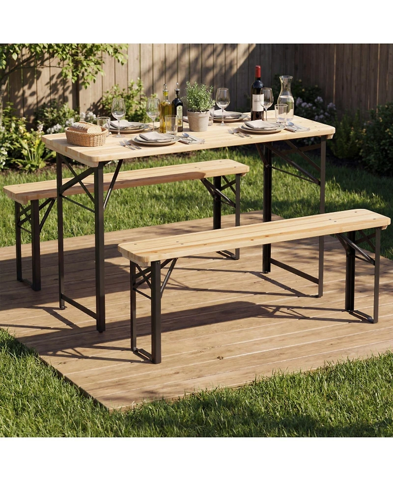 Gouun 3-Piece Folding Picnic Table and Bench Set, Fir Wood Portable Outdoor Dining