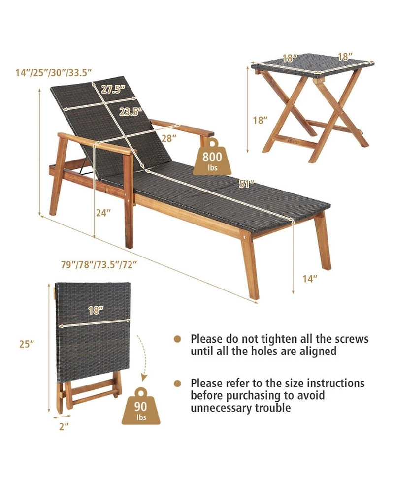 Gouun 79 in. Pe Rattan Chaise Lounge and Foldable Side Table Set