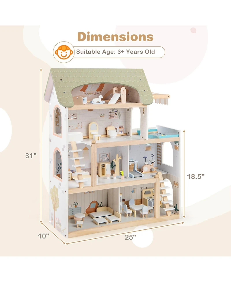 Costway Kids Wooden Dollhouse 4-Story Modern Doll House with 33Pcs Furniture Accessories