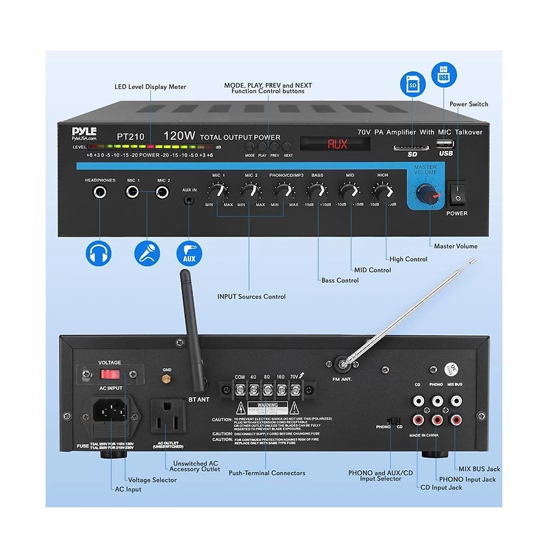 Pyle 120W Bluetooth Microphone Pa Mono Amplifier with Usb/Sd/Fm