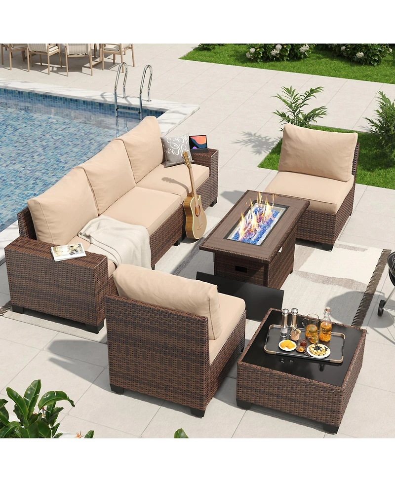 Aoxun 7 Piece Wicker Outdoor Sectional Sofa Set with Cushions with 44 Propane Fire Pit Table