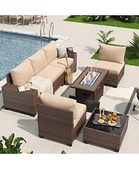 Aoxun 7 Piece Wicker Outdoor Sectional Sofa Set with Cushions with 44 Propane Fire Pit Table