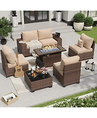 Aoxun 7 Piece Wicker Outdoor Sectional Sofa Set with Cushions with 44 Propane Fire Pit Table