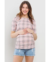 Hello Miz Maternity Plaid Ruched Puff Sleeve Fitted Top