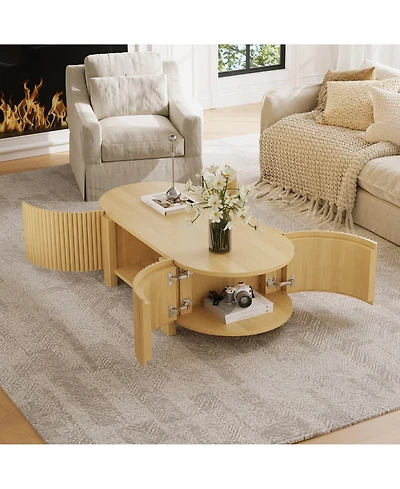 Rainsken 47" Fluted Oval Center Table, Mid Century Modern Coffee Table with Storage Shelves and 2 Open Doors for Home Living Room