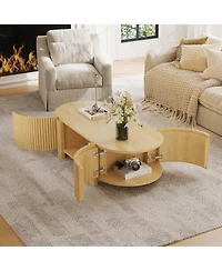 Rainsken 47" Fluted Oval Center Table, Mid Century Modern Coffee Table with Storage Shelves and 2 Open Doors for Home Living Room