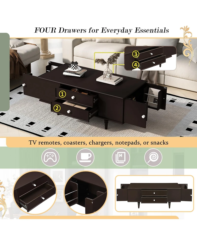 Rainsken 47.2" Modern Wooden Rectangular Coffee Table, Center Table with 4 Drawers and 2 Side Hidden Storage Compartments for Living Room