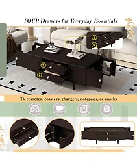 Rainsken 47.2" Modern Wooden Rectangular Coffee Table, Center Table with 4 Drawers and 2 Side Hidden Storage Compartments for Living Room