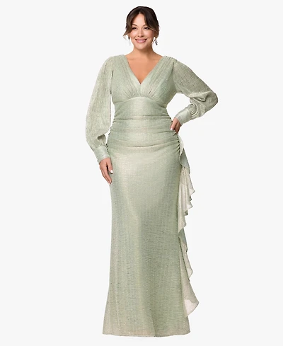 Betsy & Adam Plus Long-Sleeve V-Neck Metallic Dress