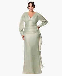 Betsy & Adam Plus Long-Sleeve V-Neck Metallic Dress