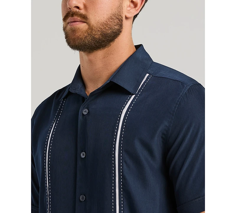 Cubavera Men's Pick Stitch Panel Short Sleeve Button-Down Shirt