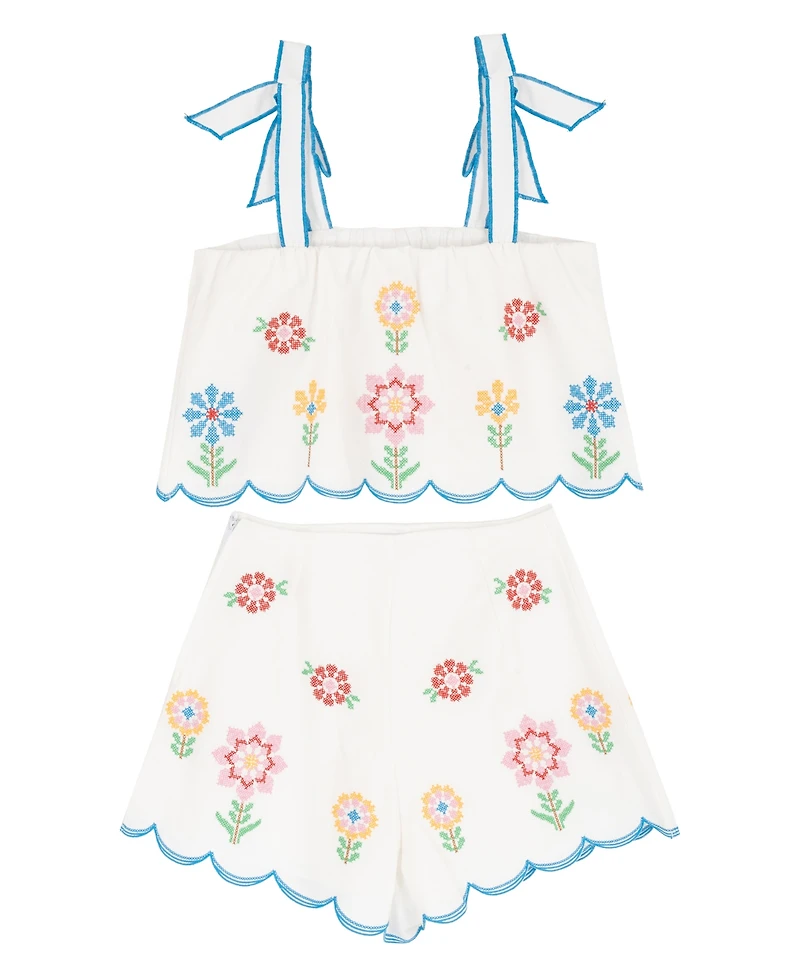Tween Diva Girls' 7-16 Floral Embroidered Scallop Top and Shorts, 2-Piece Set