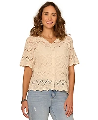 Democracy Petite Collared Short-Sleeve Crochet Top